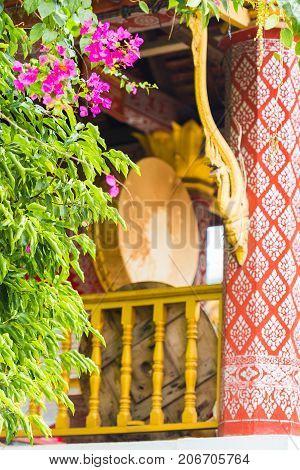 Decorated Drum In The Temple Wat Sensoukaram In Louangphabang, Laos. Close-up. Vertical.