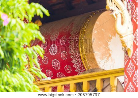Decorated Drum In The Temple Wat Sensoukaram In Louangphabang, Laos. Close-up. Vertical.