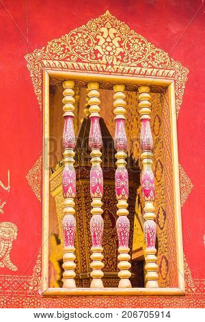 Beautiful Window In The Temple Wat Sensoukaram In Louangphabang, Laos. Close-up. Vertical.