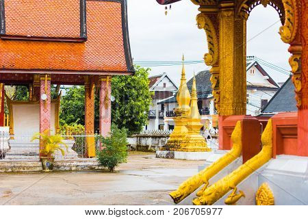 View Of The Courtyard Of The Wat Sensoukaram Temple In Louangphabang, Laos. Copy Space For Text.