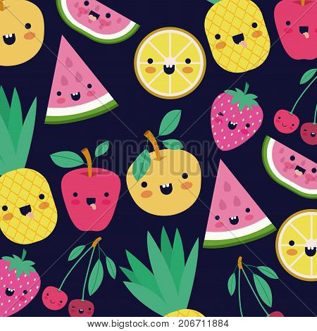 kawaii fruits pattern set with face expression on dark blue color background vector illustration