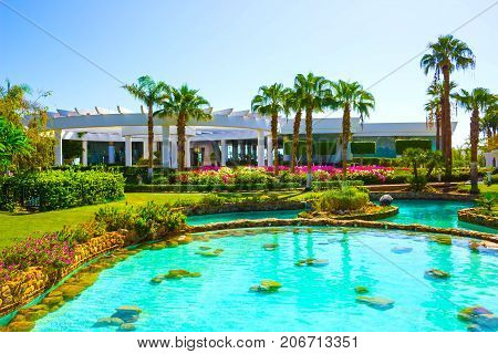 Sharm El Sheikh, Egypt - September 26, 2017: Buildings and Area Hotel Monter Carlo Sharm Resort and SPA at Sharm El Sheikh, Egypt on September 26, 2017