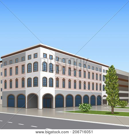 office building with the entrance and a reflection on the background of the street