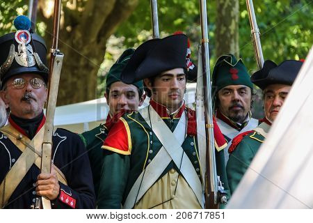 Villa Sorra Italy - July 17 2016: People on Napoleonica event. Costumed reconstruction of historical events. Castelfranco Emilia Modena