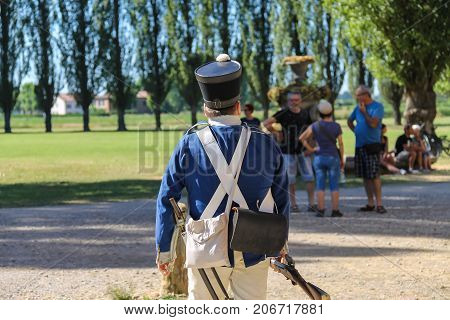 Villa Sorra Italy - July 17 2016: People on Napoleonica event. Costumed reconstruction of historical events. Castelfranco Emilia Modena