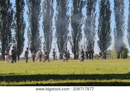 Villa Sorra Italy - July 17 2016: People on Napoleonica event. Costumed reconstruction of historical events. Castelfranco Emilia Modena