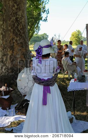 Villa Sorra Italy - July 17 2016: People on Napoleonica event. Costumed reconstruction of historical events. Castelfranco Emilia Modena