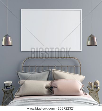 Mock up poster in bedroom interior. Bedroom Scandinavian style. 3d illustration