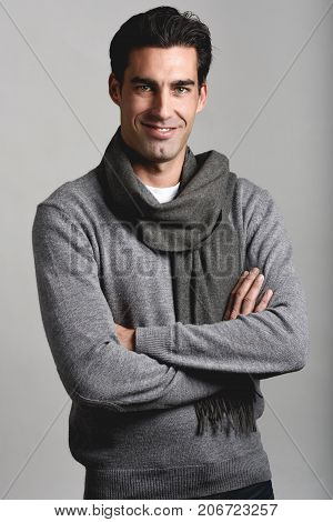 Handsome Man Wearing Winter Clothes On White Background