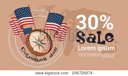 Happy Columbus Day Seasonal Holiday Sale Shopping Discount America Discover Poster Greeting Card Flat Vector Illustration