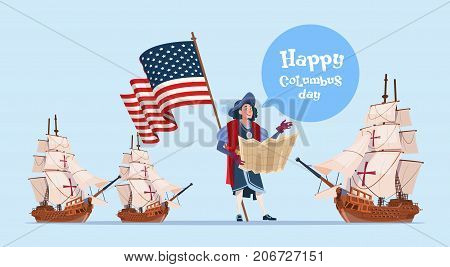 Happy Columbus Day Ship America Discovery Holiday Poster Greeting Card Flat Vector Illustration