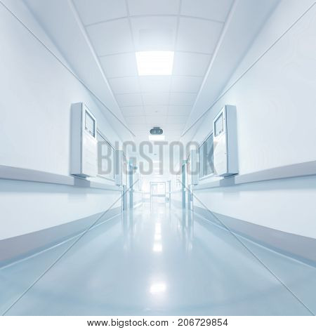 Long hall of medical building in perspective.