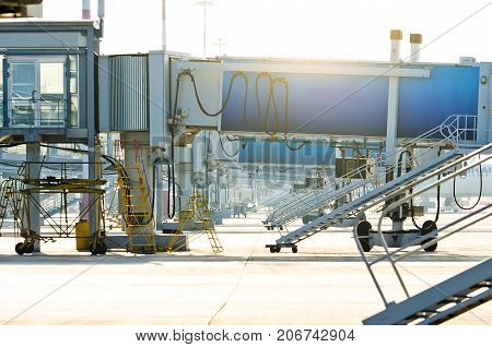 Airport terminal. Airport jet bridge. Airport jetway aerobridge skybridge Passenger boarding bridge