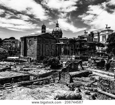 Ancient Roman remains in black and white.