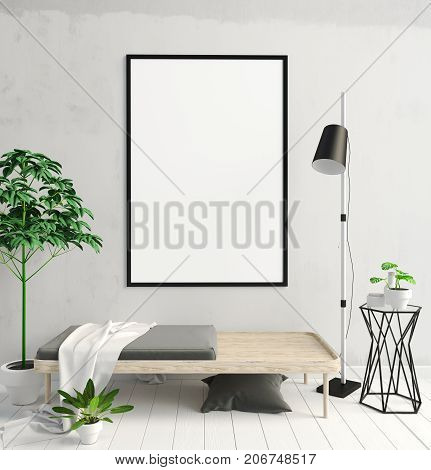Modern interior with a bench and a tree. 3D illustration. poster mock up