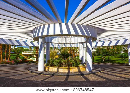 Sharm El Sheikh, Egypt - September 26, 2017: The main entrance and flowers at Monter Carlo Sharm Resort and SPA at Sharm El Sheikh, Egypt on September 26, 2017