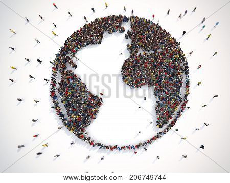 Many people together to create the shape of the world. 3D Rendering