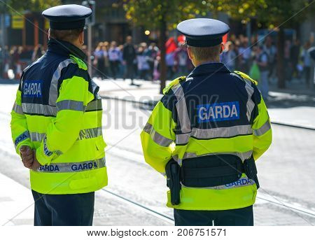 Dublin, Ireland - 30 September 2017: Garda - Irish police officers on the motorcycle, patrolling Dublin streets during March for Choice in Dublin city centre