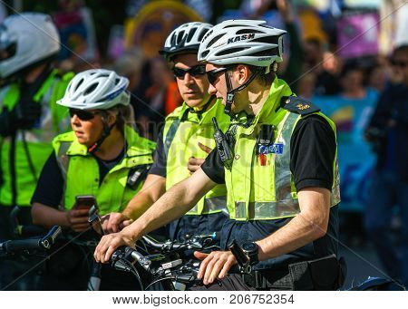 Dublin, Ireland - 30 September 2017: Garda - Irish police officers on the motorcycle, patrolling Dublin streets during March for Choice in Dublin city centre