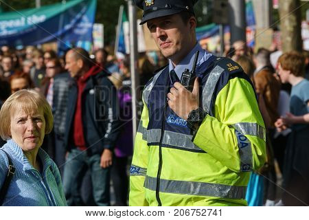 Dublin, Ireland - 30 September 2017: Garda - Irish police officers on the motorcycle, patrolling Dublin streets during March for Choice in Dublin city centre