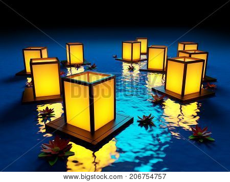 lanterns and flowers floating on the water