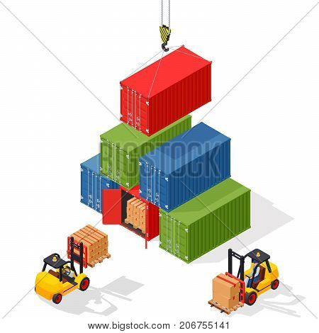 Marine cargo port. Unloading of sea cargo containers by a forklift. Closed containers and one outdoor. Isometric vector illustration.