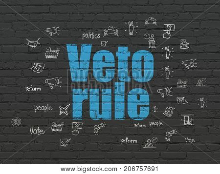 Politics concept: Painted blue text Veto Rule on Black Brick wall background with  Hand Drawn Politics Icons
