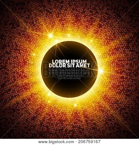 Holiday gold illustration with bright sparkles, round frame and place for text. Glamour eclipse.
