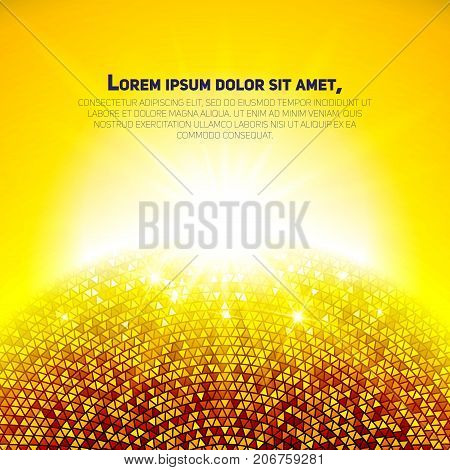 Holiday gold illustration with bright sparkles, round frame and place for text. Glamour eclipse.
