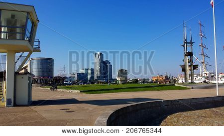Gdynia, Poland - October 01, 2017: People visit Kosciuszko Square - representation places in Gdynia, on the background of the city of Gdynia, Poland.