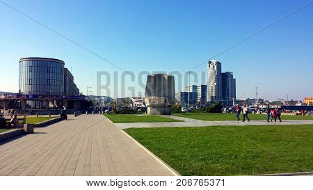Gdynia, Poland - October 01, 2017: People visit Kosciuszko Square - representation places in Gdynia, on the background of the city of Gdynia, Poland.