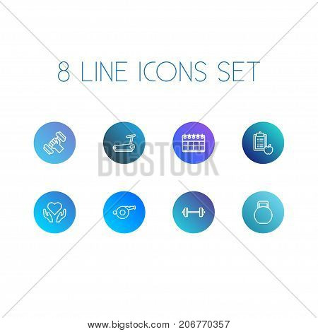 Collection Of Kettlebells, Running Track, Diet And Other Elements.  Set Of 8 Fitness Outline Icons Set.