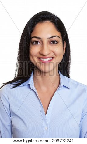 Passport picture of a laughing turkish businesswoman on an isolated white background for cut out