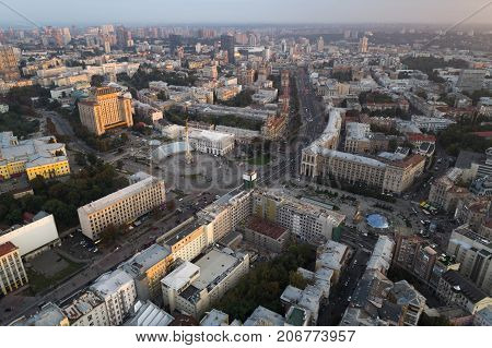 Aerial view of the central street of Kiev - Khreshchatyk, the European Square, Independence Square, Stalin and modern architecture. Ukraine