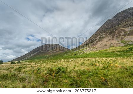 A landscape view of the area around Crummock Water one of the lakes in the Lake District Cumbria United Kingdom.