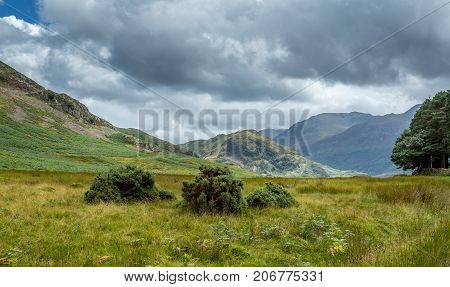 A landscape view of the area around Crummock Water one of the lakes in the Lake District Cumbria United Kingdom.
