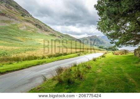 A landscape view of the area around Crummock Water one of the lakes in the Lake District Cumbria United Kingdom.