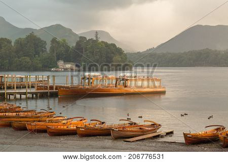 A landscape view of Derwent Water one of the lakes in the Lake District Cumbria United Kingdom.