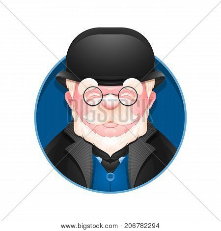 Avatar icon. Portrait of adult business man in bowler hat. Cartoon englishman. Vector illustration.