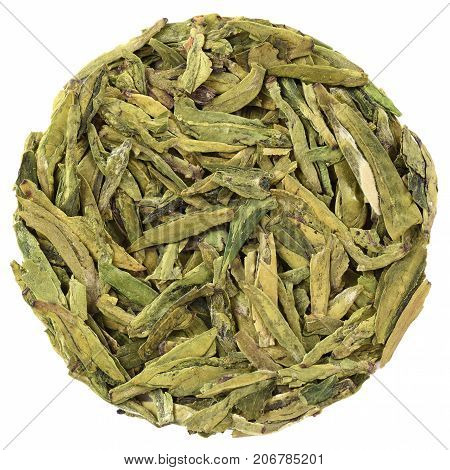 Long Jin Green Tea in round shape isolated