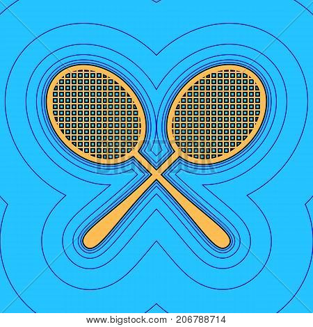 Two tennis racket sign. Vector. Sand color icon with black contour and equidistant blue contours like field at sky blue background. Like waves on map - island in ocean or sea.