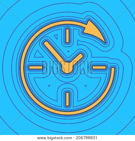 Service and support for customers around the clock and 24 hours. Vector. Sand color icon with black contour and equidistant blue contours like field at sky blue background. Like waves on map - island in ocean or sea.