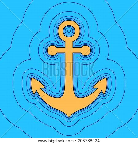 Anchor icon. Vector. Sand color icon with black contour and equidistant blue contours like field at sky blue background. Like waves on map - island in ocean or sea.