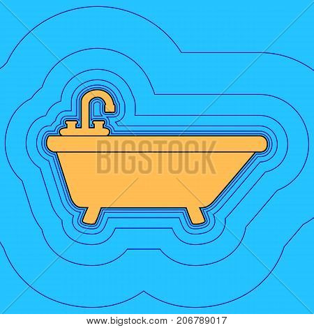 Bathtub sign illustration. Vector. Sand color icon with black contour and equidistant blue contours like field at sky blue background. Like waves on map - island in ocean or sea.