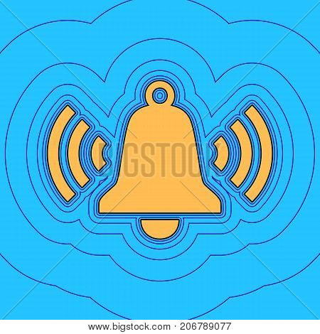 Ringing bell icon. Vector. Sand color icon with black contour and equidistant blue contours like field at sky blue background. Like waves on map - island in ocean or sea.