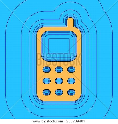 Cell Phone sign. Vector. Sand color icon with black contour and equidistant blue contours like field at sky blue background. Like waves on map - island in ocean or sea.