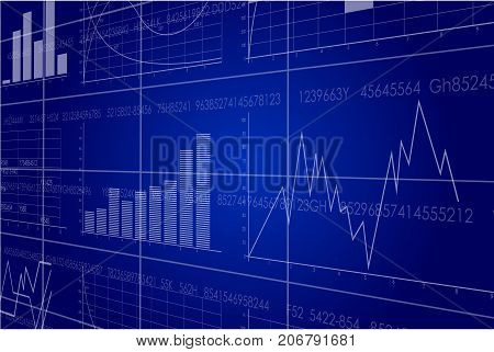 Vector business theme illustration. Background with graphs and figures.