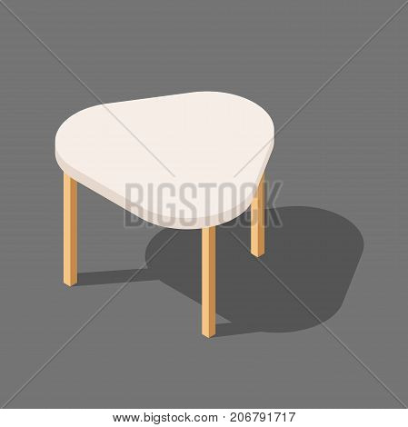 Wooden low table with three legs, triangular table for room, flat vector illustration isolated on white background, isometric