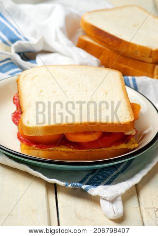 Omelet salami sandwich for breackfast ..selective focus