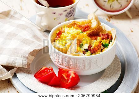 Breackfast omelette pita with tomato ..selective focus